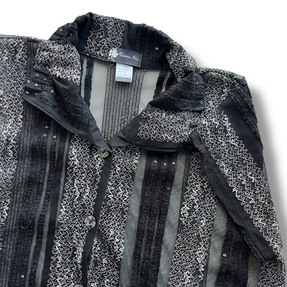Damee Inc Womens L/XL Black Silver Sheer Mesh Sequin Metallic SS Button Up Tunic